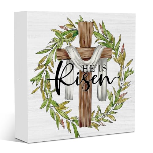 He is Risen Christian Easter Decor Easter Sign Religious Jesus Cross Wood Decor for Office Home Farmhouse Kitchen Bedroom Desk Table Decorations 5 X 5 Inches - color: Risen2