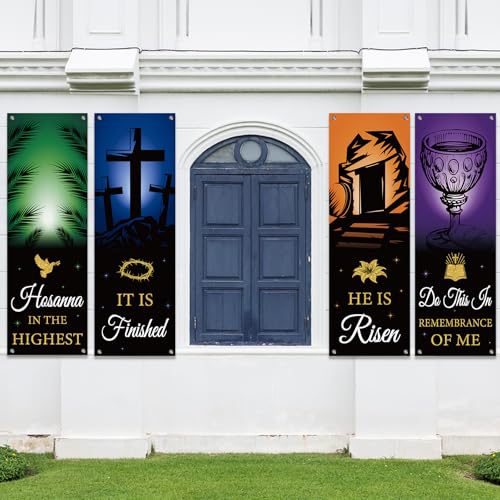 4Pcs Easter Church Banners for Sanctuary Wall Welcome Religious Banners Hanging Backdrop He is Risen Easter Porch Signs Bible Verses Banner Scripture Hanging Signs for Church School Decor - style: He is Risen