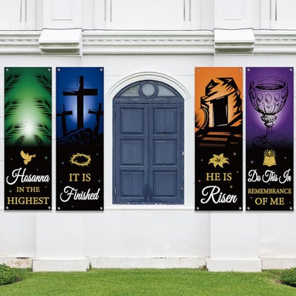 4Pcs Easter Church Banners for Sanctuary Wall Welcome Religious Banners Hanging Backdrop He is Risen Easter Porch Signs Bible Verses Banner Scripture Hanging Signs for Church School Decor - style: He is Risen
