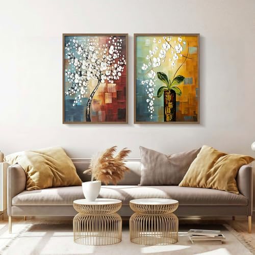 2 Piece Framed Canvas Art Prints Morning Glory Modern Abstract White Flowers Oil Painting Style Wall Floral Gallery Poster for Living Room Bedroom Office Decor Ready to Hang12x16 Inch - color: Abstract White Floral Oil Painting, size: 12"x16"