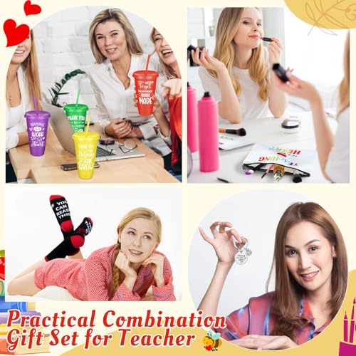 Funnymoom 24 Pcs Teacher Appreciation Gift from Students 2026 End of Year Thank You Gifts Bulk 24 oz Plastic Tumbler Cup Makeup Cosmetic Bag Crew Sock Keychain for Retirement - style: Vibrant