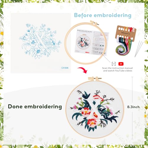 Zerzsy 7.87 '' Embroidery Kits Plant Flower Leaf English Letter Patterns for Beginners Adults, Easy to Learn Cross Stitch Kit for Home Office Decor - color: Letter X