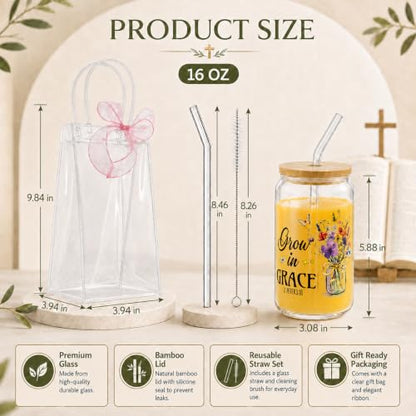 Iced Coffee Mugs, 8 Sets, Glass, 16 oz, Reusable, Christian Boho - color: Christian Faith