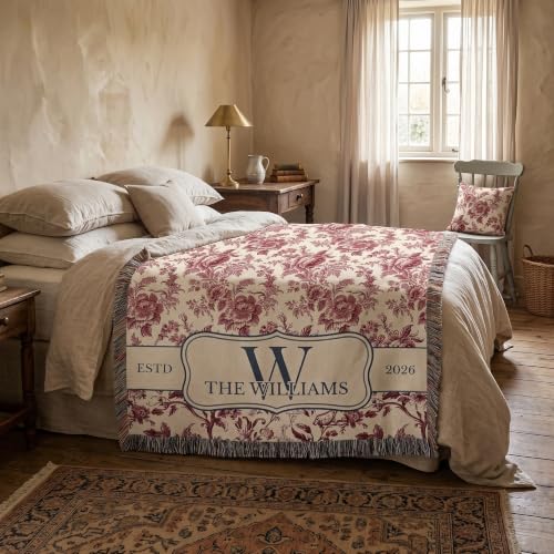 Chillever Personalized Monogram Woven Blanket with Last Name, Custom Floral Throw Blankets for Couch Bed, Cotton Anniversary Wedding Gift for Couple, New Home Housewarming Presents 3 - color: A6