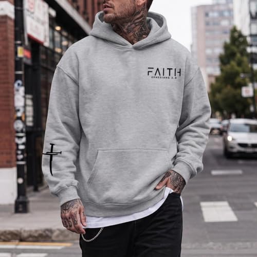 Christian Hoodies for Men Faith Cross Graphic Hoodie Jesus Fleece Sweatshirts Bible Verse Religious Pullover Tops - color: Light Gray, size: Small