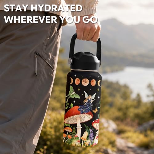 Mushroom Gift for Women, 26oz Water Bottle with Handle for Girl Friends - color: Mushroom-Black