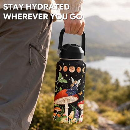 Mushroom Gift for Women, 26oz Water Bottle with Handle for Girl Friends - color: Mushroom-Black