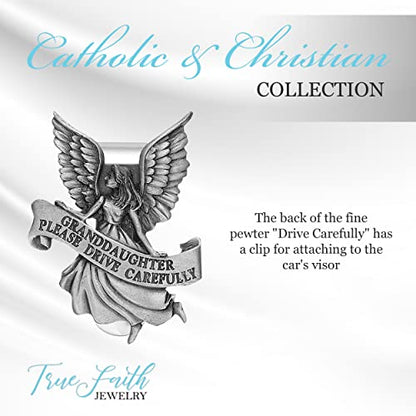 True Faith Jewelry Pewter Granddaughter Please Drive Carefully Car Guardian Angel Visor Clip, New Driver Gifts from Grandma and Grandpa, Fine Pewter (92% Tin), 2-1/4 x 1-5/8 Inch - size: Grandaughter Angel 2
