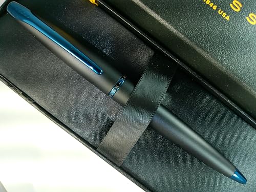 Cross ATX Refillable Special Edition Basalt black Ballpoint Pen signature blue PVD clip, finial, and center band - color: Blue/Black