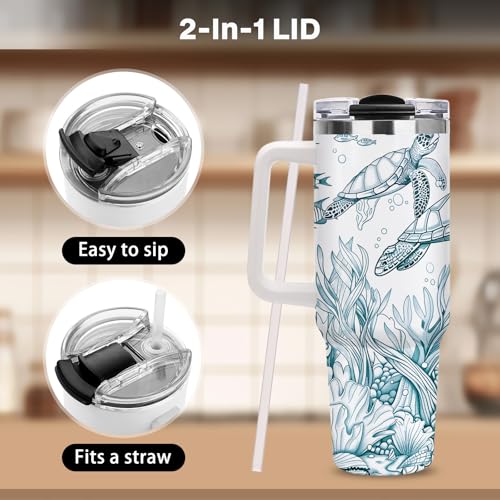 40oz Sea Turtle Tumbler with Straw Handle, Ocean Theme Gifts for Women Girls, Marine Life Stainless Steel Insulated Travel Coffee Mug Drink Cup for Teenagers Youth Birthday Graduation Beach Vacation - color: Sea Turtle-D-177