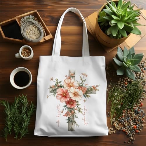 VICBOU Bible Verse Canvas Tote Bag Religious Christian Gifts for Women Men Faith Canvas Tote Reusable Grocery Bag - color: Crossflowers01