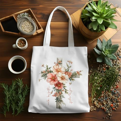 VICBOU Bible Verse Canvas Tote Bag Religious Christian Gifts for Women Men Faith Canvas Tote Reusable Grocery Bag - color: Crossflowers01