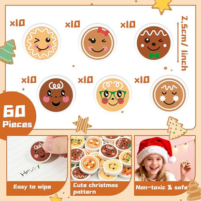 Christmas Gingerbread Mini Erasers Bulk, 60P Ginger Bread Cute Emoticons Pencil Erasers 3D Desk Puzzle Stationery Gifts Student Classroom Rewards Game Prizes Party Goody Bag Stocking Filler - style: Christmas Gingerbread