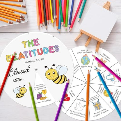 COcnny Religious Coloring Wheel Craft - 24 Sets Beatitudes Christian Craft for Kid, Color Your Own Jesus Art Kit, Biblical Bee DIY Crafts for Sunday School Classroom Church Activities VBS Supplies - style: Beatitudes