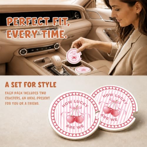 Pink Cherry Car Coasters, How Luck are We Coquette Cup Holders, 03 - color: Pink Cherry