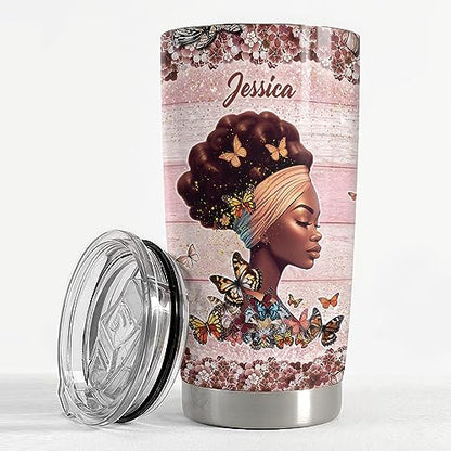 SANDJEST Personalized Black Queen Tumbler Faith Bible 20oz 30oz Tumblers with Lid Gift for African American Afro Black Girl Encouragement Birthday Women Day - color: Black Woman 1