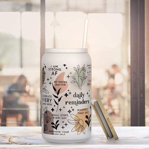 Daily Affirmation Iced Coffee Cup [Frosted], Glass Cups with Bamboo Lids and Straws | 16 oz Mason Jar Drinking Glasses & Boba Cup | Glass Tumbler with Straw and Lid Mental Health [Vulgar Edition] - color: Affirmation (Vulgar)