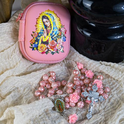 Rosary Beads Catholic for Women - Pearl Beads with Classic Cross, Virgin Mary Zippered Prayer Box, First Communion Gifts, Baptism Confirmation Jewelry - color: Guadalupe-Pink