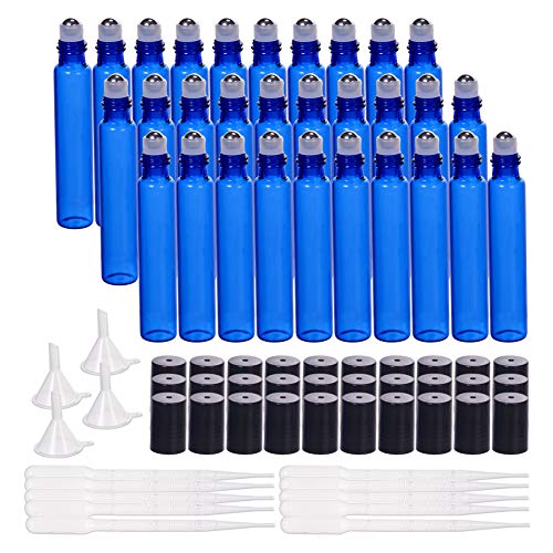 BENECREAT 30 Pack 10ml Coalt Blue Glass Roller Bottles with Stainless Steel Roller Balls, 10 Graduated Transfer Pipette and 4 Funnels for Essential Oils/Other Liquids - color: Blue, size: 10ml