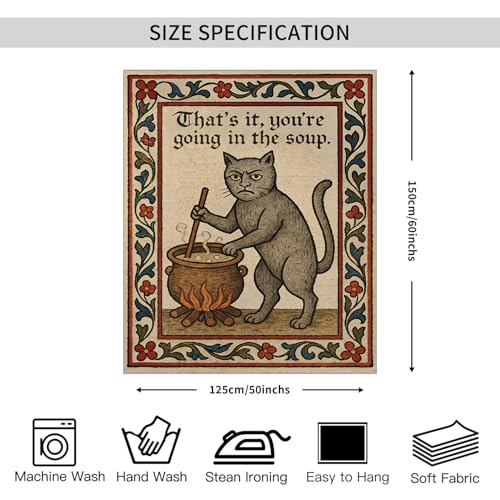 FoxUncle Weird Medieval Cat Tapestry Vintage Medieval Cat Aesthetic Wall Art Funny Quirky Animal Wall Decor 50 x 60 inches Home Decor for Living Room Hallway Bedroom - color: White, size: 60"L x 50"W
