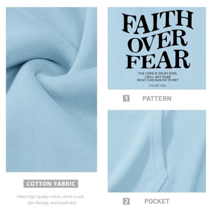 Fkatuzi Christian Faith Over Fear Hoodies For Teen Jesus Hoodie God Sweatshirt Bible Verse Religious Graphic Tops - color: Light Blue, size: Large