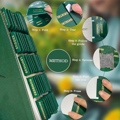 Bible Tabs for Women & Men Green – 80 Gold Foil (66+14 Blank) - color: Green