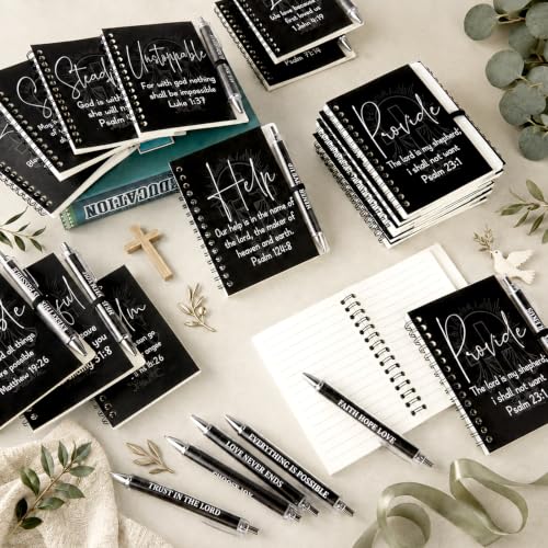 12 Set Christian Spiral Notebooks Bulk with Ballpoint Pen Black Bible Verse Spiral Notebook Ballpoint Pen Christian Gifts Bulk Inspirational Scripture Prayer Notebook Set for Church School Supplies - color: Black Colorful