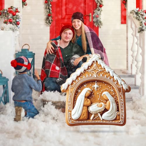 Thyle 17x16 Inch Nativity Scene Yard Sign Christmas Gingerbread Nativity Yard Sign with Stakes Religious Christmas Jesus Decorations for Xmas Gingerbread Holiday Church Outdoor Garden Lawn Decoration