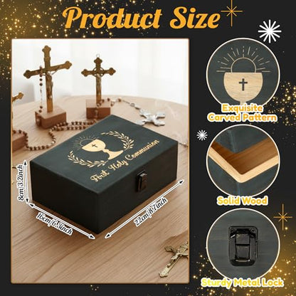 R HORSE First Communion Keepsake Box - Wooden Engraved Baptism Memory Box Gift for Boy Girl, First Holy Communion Gift for Kids Christian Religious Keepsake Organizer for Jewelry Memento Photo Storage - style: First Communion