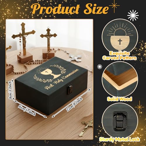R HORSE First Communion Keepsake Box - Wooden Engraved Baptism Memory Box Gift for Boy Girl, First Holy Communion Gift for Kids Christian Religious Keepsake Organizer for Jewelry Memento Photo Storage - style: First Communion