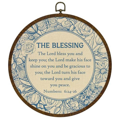 KLYTINK Christian Round Wall Art, The Blessing Bible Verse Numbers 6:24-26, Round Canvas Wall Decor with Frame, Blue Chinoiserie Floral Design for Home,Office 10x10Inch(Bible 6:24-26)