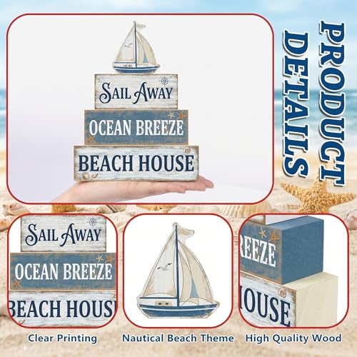 Britimes Tiered Tray Decor Set, 4 Pack, Wooden Table Sign, Nautical Ocean - style: Sailboat