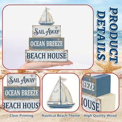 Britimes Tiered Tray Decor Set, 4 Pack, Wooden Table Sign, Nautical Ocean - style: Sailboat