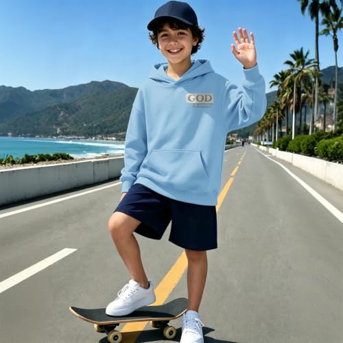 Fkatuzi Christian Graphic Hoodies For Boys Jesus God Is Good Hoodie Kids Faith Verse Bible God Religious Beach Pullover Tops - color: Light Blue, size: 7-8 Years