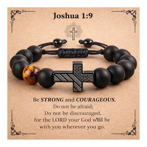 Christian Cross Bracelet Gift for Men Boys Adjustable Beaded Cross Bracelet Religious Jewelry with Message Card for Communion Baptism Confirmation Easter - style: American Flag Joshua 1 9