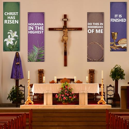 4Pcs Easter Church Banners for Sanctuary Wall Religious Banners Hanging Backdrop Praise Hanging Sign with Scripture Bible Verses Banner Easter Banner for Church School Decor(Simple Design) - style: Simple Design