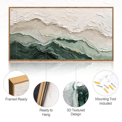 Aurlan 3D Textured Green Abstrcat Ocean Framed Canvas Wall Art 40x20 Inch - color: Green Beige (3D Textured), size: 40"L x 20"W