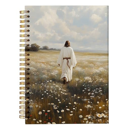 Christian Notebook – Jesus Walking in Peaceful Meadow – Religious Journal with Nature Artwork – Hardcover Faith Diary for Daily Writing, Spiral Bound 5.5x8.3 Inches - color: white-Jesus Walking in Peaceful Meadow
