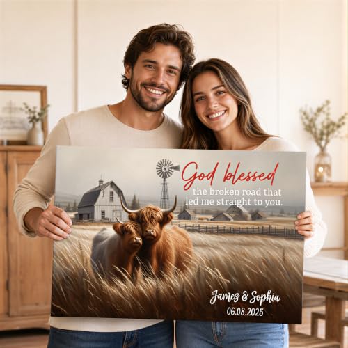 Ipplee Custom Highland Cow Wall Art, God Blessed the Broken Road for Couple - color: Design 01