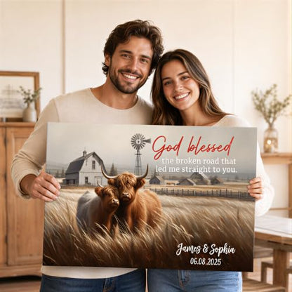 Ipplee Custom Highland Cow Wall Art, God Blessed the Broken Road for Couple - color: Design 01