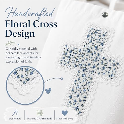 Christian Tote Bag Gift for Women, Canvas Bible Bag Handmade Floral Cross - color: White-blue Sprig