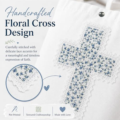 Christian Tote Bag Gift for Women, Canvas Bible Bag Handmade Floral Cross - color: White-blue Sprig
