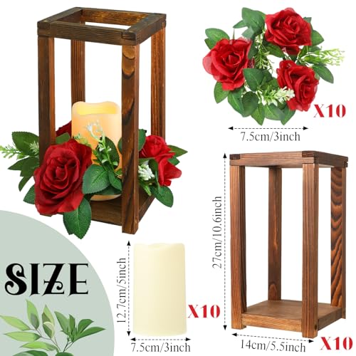 Hushee 30 Pcs Wooden Wedding Lantern Centerpiece, Red Rose, Brown - color: Brown and Red, size: 10.6 x 5.5 x 5.5 inches
