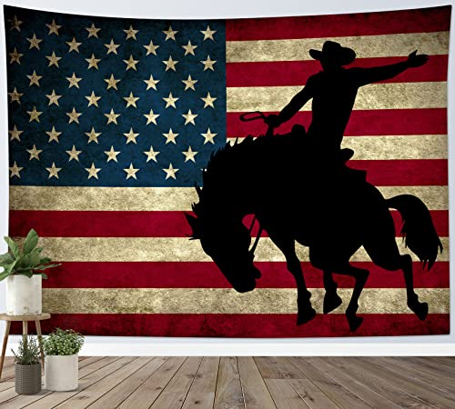 LB Western Cowboy Tapestry Vintage American Flag Tapestry for Bedroom Cool Man on Black Horse Tapestries Wall Hanging for Living Room College Dorm Wall Decor,59x51 inches - color: Black Red, size: 51"L x 59"W
