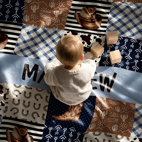 Personalized Cowboy Baby Blanket, Western Desert Cactus Theme Design, Custom Name Toddler Kids Throw, Rustic Nursery Bedding Decor, Baby Gift Idea - color: Cowboy Baby Blanket