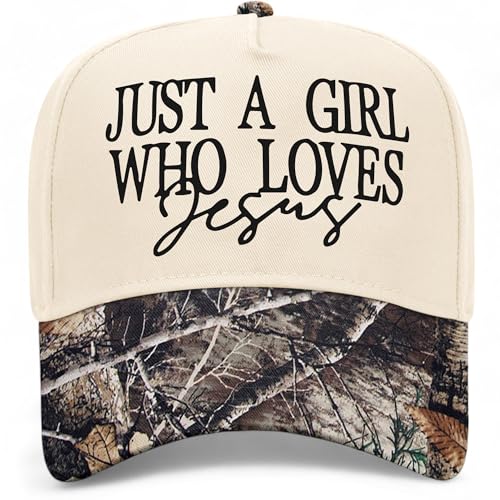Just A Girl Who Loves Jesus V2 Hat | Premium Adjustable Christian Snapback Baseball Vintage Trucker Hat for Women - color: Tree Camo/Natural