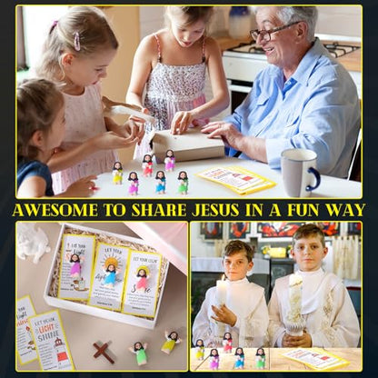 CroBlissful 30 Sets Mini Jesus Figurines Bulk Christian Glow in The Dark with Let Your Light Shine Cards for Christian Sunday School Religious Party Favor Halloween(Hands Together) - style: Hands Together