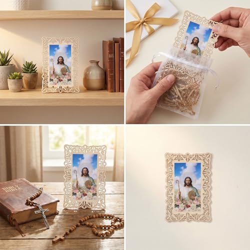 12 Pcs Catholic Saint Jude Wooden Picture Frames with Gift Bags, Baptism Favors for Christening Memorial, Catholic Gifts, First Communion (Rectangle)