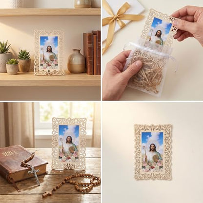 12 Pcs Catholic Saint Jude Wooden Picture Frames with Gift Bags, Baptism Favors for Christening Memorial, Catholic Gifts, First Communion (Rectangle)