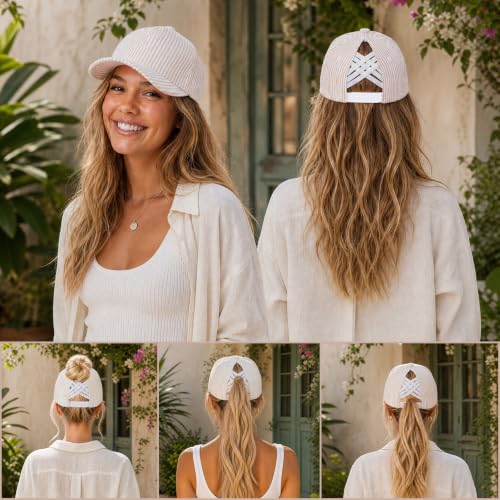 C.C Women's Criss-Cross Ponytail Trucker Hat - Snapback, One Size - color: Cotton Stripe-beige